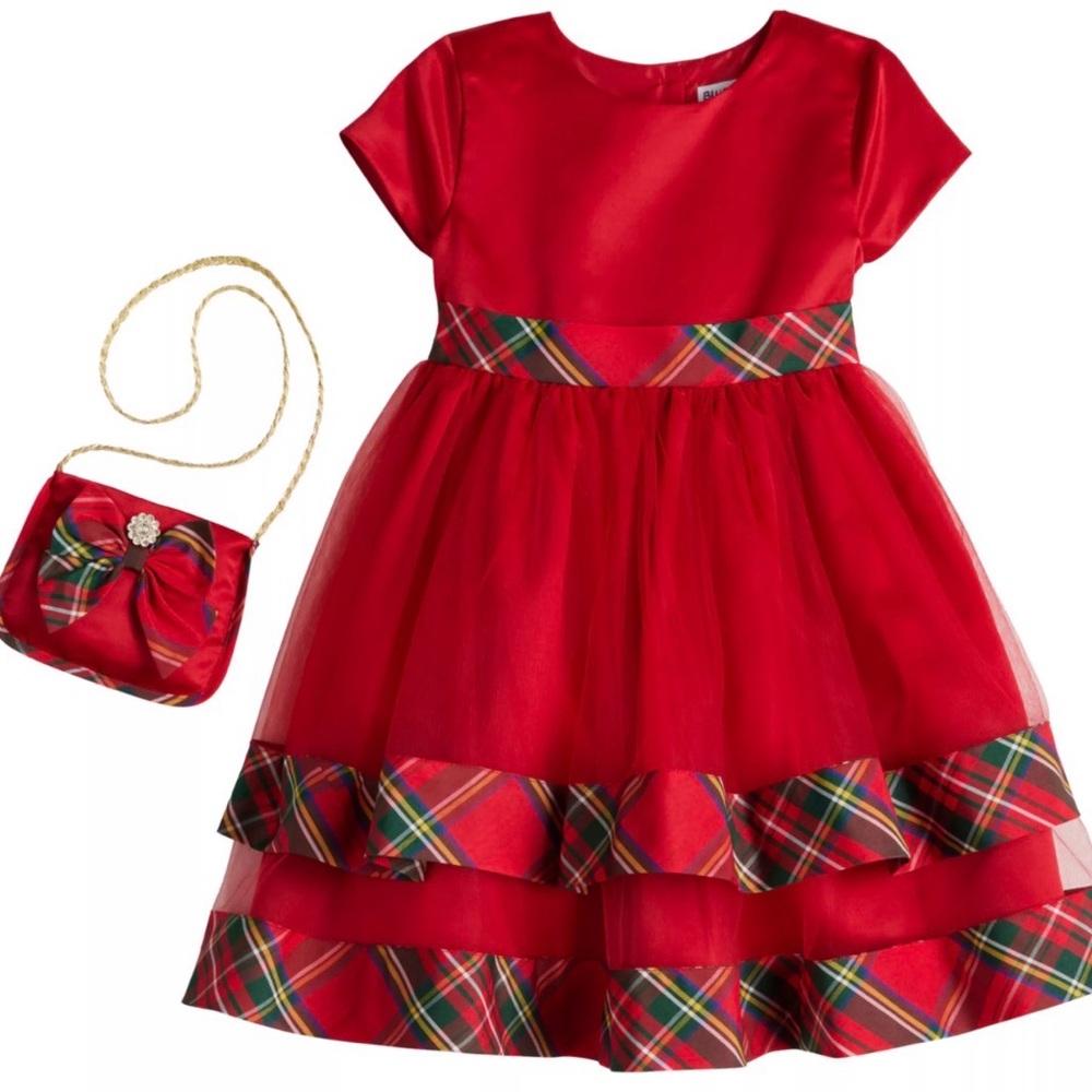 Blueberi Boulevard Plaid Tulle Tiered Hem Dress With Purse